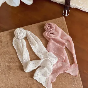 Sweet floral and polka dot chiffon hair scarves with rose accents in pink and white