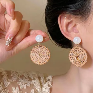 Bohemian Rattan Gewebte Geometrische Runde Ohrstecker Mit Harz 925 Sterling Silber Ohrstecker-Stift Für Damen Urlaubs Schmuck
