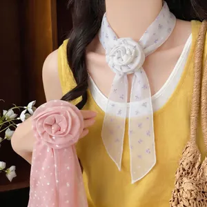 Sweet floral silk scarf with 3D rose and polka dot pattern for women
