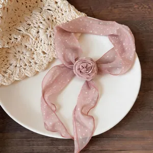 Elegant pink polka dot silk scarf with 3D flower decoration sweet ribbon for women
