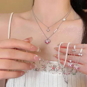 Korean Style Sweet Heart Pendant Necklace Copper Zirconia Dripping Enamel Fashion Jewelry For Women Elegant Clavicle Chain Gift
