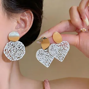 Korean Ins Style Hollow Heart Round Stud Earrings For Women Vintage Gold Alloy Geometric Earrings With 925 Sterling Silver Post