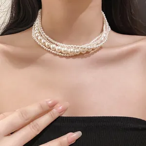 French Style Multi Layer Artificial Pearl Necklace For Women Elegant Niche Design Copper Clasp Rhinestone Choker Jewelry