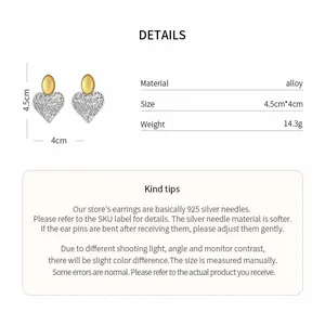 Detail graphic showing heart earrings dimensions 4.5cmx4cm with material and silver needle info.
