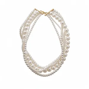 Elegant French style multi-layer faux pearl necklace with gold-tone hardware clasp for women