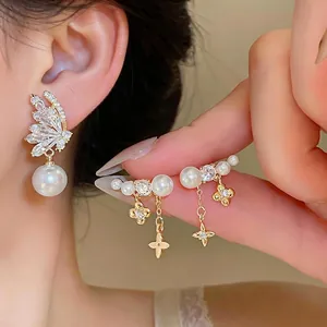 Light Luxury Copper Gold Plated Zirconia Artificial Pearl Stud Earrings With 925 Sterling Silver Earring Post For Women Jewelry