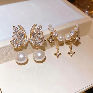 Elegant gold plated zircon butterfly earrings and star pearl drop studs for women