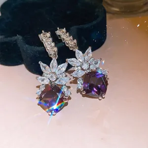 Exquisite purple zircon drop earrings with sparkling flower cluster for banquet wear