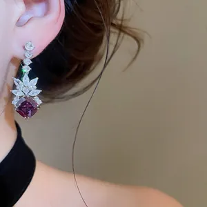 Elegant sparkling purple gemstone rhombus dangle earrings with clear zircon accents