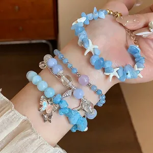 Bracelet Papillon en Aigue-marine Naturelle de Style Coréen pour Femme Design de Luxe Léger Chaîne à Main Perles Irrégulières Bijoux
