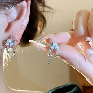French Style Bowknot Artificial Pearl Stud Earrings With 925 Sterling Silver Earring Post Elegant Copper Silver Earings For Women