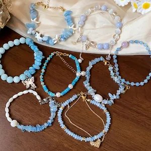 Bracelets coréens en perles d'aigue-marine naturelle avec breloques papillon et étoile de mer