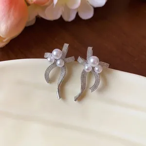 French style silver needle ribbon bow stud earrings with elegant white pearls for women