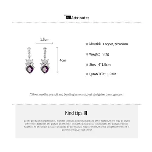 Detailed product attributes for geometric rhombus earrings with purple zircons and sizes.