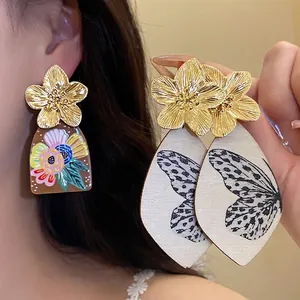 Vintage Ethnic Metal Flower Acetate Plate Printed Pendant Earrings Women Gold Plated Steel Post Stud Earrings Retro Jewelry