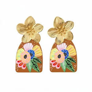 Vintage ethnic style drop earrings with gold metal flowers and floral printed acetate