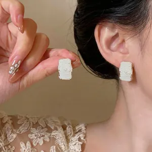 French Minimalist Square Artificial Pearl Stud Earrings With 925 Sterling Silver Post Rhinestone Geometric Women Jewelry