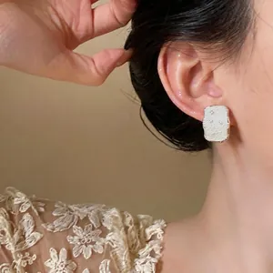 Elegant French style square pearl stud earrings with hypoallergenic silver needles
