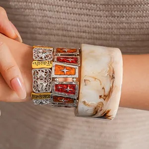 Vintage Letter Hollow Square Elastic Bracelet Set Gold Silver Color Enamel Star Marble Pattern Resin Open Bangle Jewelry For Women