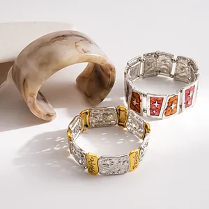 Detailed view of vintage hollow stretch bracelets and wide marble-patterned cuff set