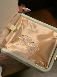Détail macro de boucles d'oreilles fleurs françaises avec cristaux dans un écrin