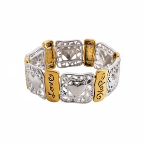Vintage elastic bracelet with square hollow links, heart details, and engraved words