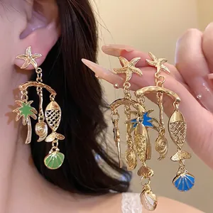 Vacation Style Ocean Starfish Fish Shell Coconut Tree Earrings Gold Alloy Enamel Drip Drop Earrings With Silver Post For Women Jewelry