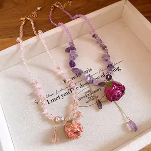 French romantic style amethyst and dried rose pendant necklace with elegant crystal beads