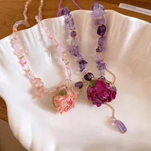 French style amethyst rose pendant necklace with preserved flower details