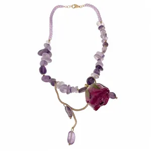 Elegant purple amethyst beads necklace with magenta rose pendant in French romantic style
