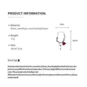 Detailed product information card showing amethyst rose necklace specifications and dimensions
