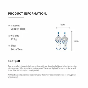 Product specifications for vintage blue glass water drop tassel earrings showing dimensions.