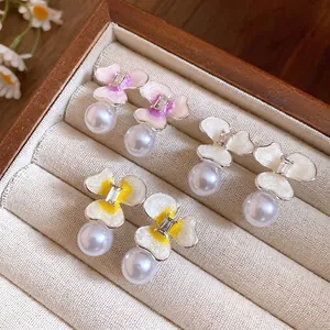 Elegant enamel flower pearl stud earrings with crystal accents for women jewelry set