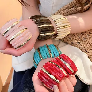 Braccialetto Rigido in Acrilico Marmorizzato Tie-Dye Lussuoso in Lega d'Oro Bracciale Segmentato Moda Gioielli Regalo per Donna