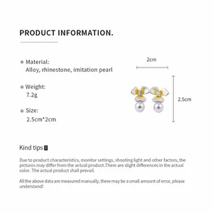 Floral pearl earrings details with alloy material and 2.5cm x 2cm size specifications.