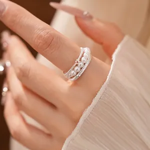 Multi-Layer Round Artificial Pearl Zirconia Copper Open Ring For Women Niche High-End Design Elegant Finger Jewelry Accessories Gift