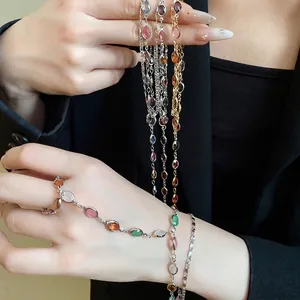 Bracciale vintage a doppio strato in metallo con pietre in resina ovali