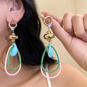 Boucles d'Oreilles Pendantes en Alliage Vintage Français avec Zirconia et Perles Artificielles pour Femmes Bijoux Géométriques
