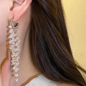 Elegant long silver needle tassel earrings with sparkling crystals worn on ear by a model.