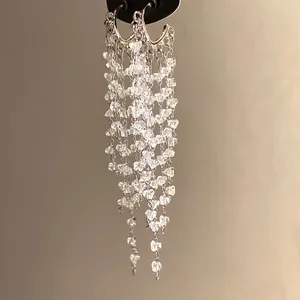Elegant silver-tone drop earrings with sparkling long crystal tassel chains for women