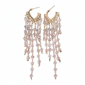 Elegant rose gold plated drop earrings featuring long pink crystal beaded tassels for women