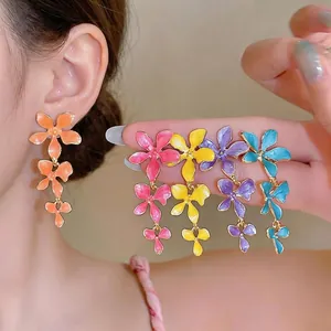 Elegant Drip Oil Flower Tassel Stud Earrings For Women 925 Sterling Silver Earring Post Alloy Long Floral Drop Earrings Fashion Jewelry