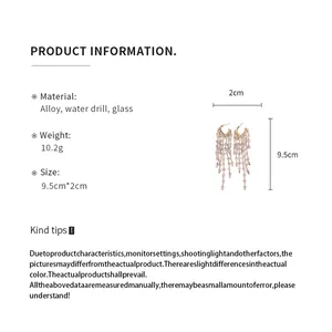 Detail view of crystal tassel earrings with dimensions and material specs.