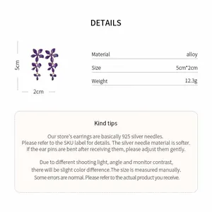 Detailed product specifications for purple floral tassel earrings with size and weight