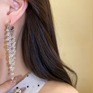 Detailed view of long silver tassel earrings with sparkling clear crystals on ear