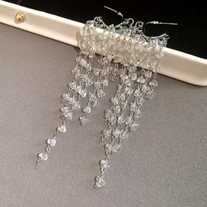 Detailed view of silver tassel earrings with clear crystal beads on a display tray