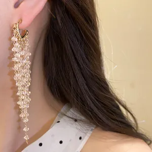 Close-up of elegant long crystal tassel drop earrings worn by a model in soft lighting.