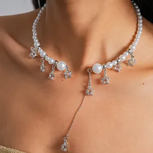 Fashion Artificial Pearl Water Drop Star Tassel Choker Necklace For Women Elegant Light Luxury Alloy Pendant Clavicle Chain Jewelry