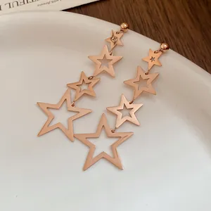 Minimalist rose gold stainless steel star drop earrings featuring a tiered star dangle design