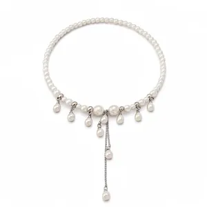 Elegant pearl choker necklace featuring dangling waterdrop pendants and a central tassel
